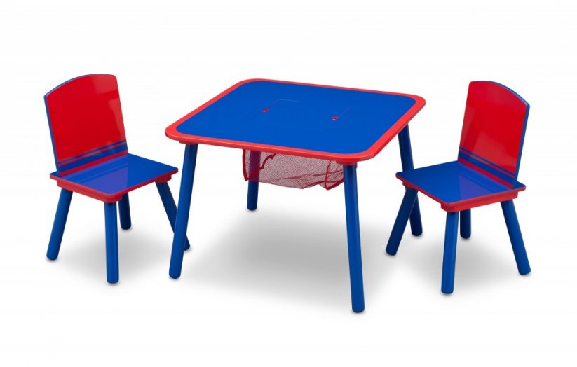 Modro červený detský drevený stôl so stoličkami