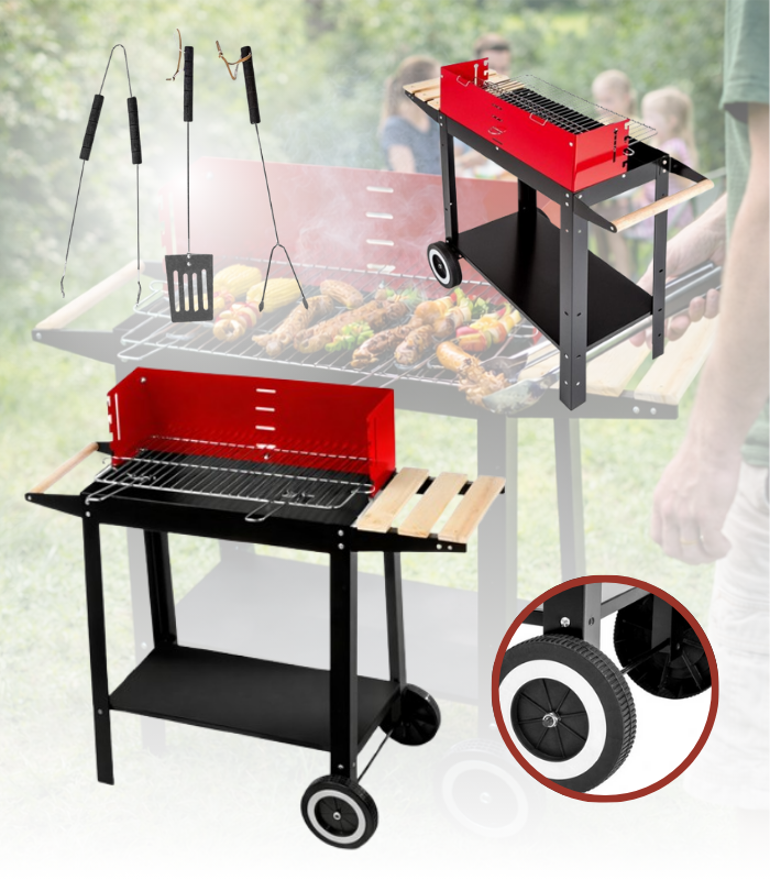 Kerekes kerti faszenes grill kerekekkel és polcokkal 87 x 35 x 80 cm