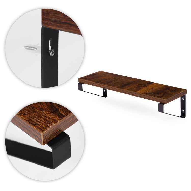 Závěsné loftové police na květiny a dekorace - sada 3 kusů, černá ocel a dřevěný dekor