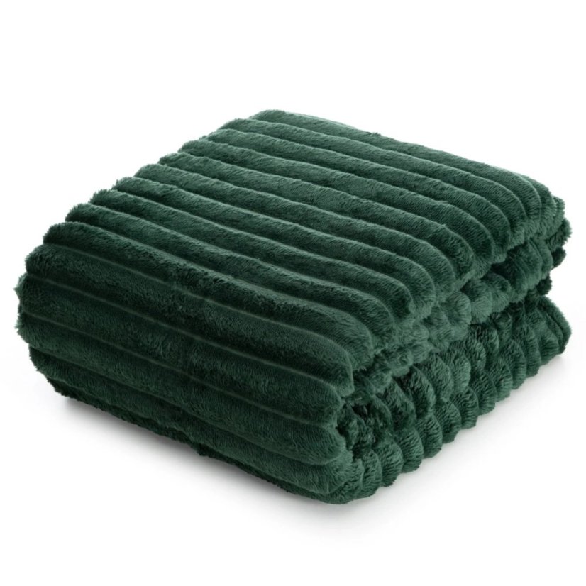 Pătură de pluș verde smarald cu dungă în relief