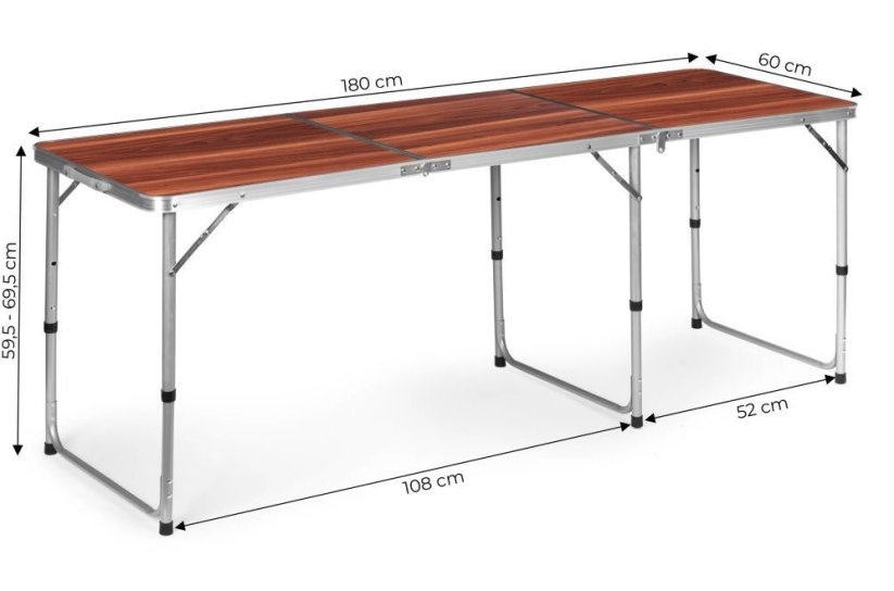 Összecsukható vendéglátóasztal 180 x 60 cm, fa utánzattal, 3-részes