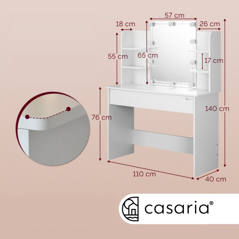 Toeletta Lucia con illuminazione LED, specchio, cassetto e ripiani 140 x 110 x 40 cm