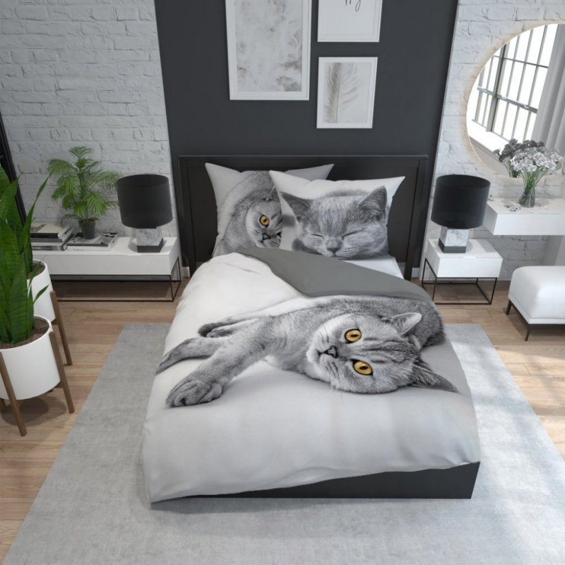 Sivé bavlnené posteľné obliečky s motívom mačiatka