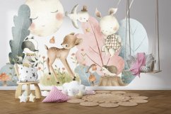 Autocolant de perete pentru copii, animale pe o pajiște magică