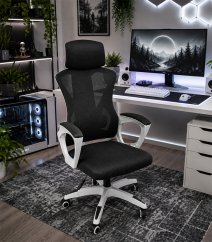 Ergonomické kancelárske kreslo s opierkou hlavy a sieťovaným operadlom čierne s bielou konštrukciou