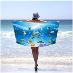 Плажна кърпа с шарка на акула в подводния свят, 100 х 180 см