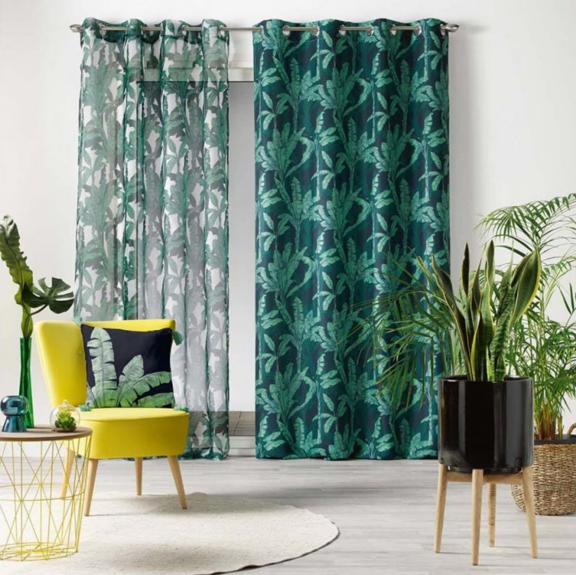 Стилна зелена завеса с халки и мотив на листа 140 x 260 см
