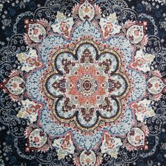 Modrý vzorovaný vintage koberec s třásněmi