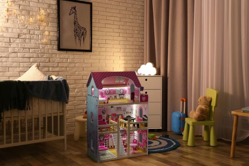 Casa delle bambole in legno con illuminazione a LED e mobili