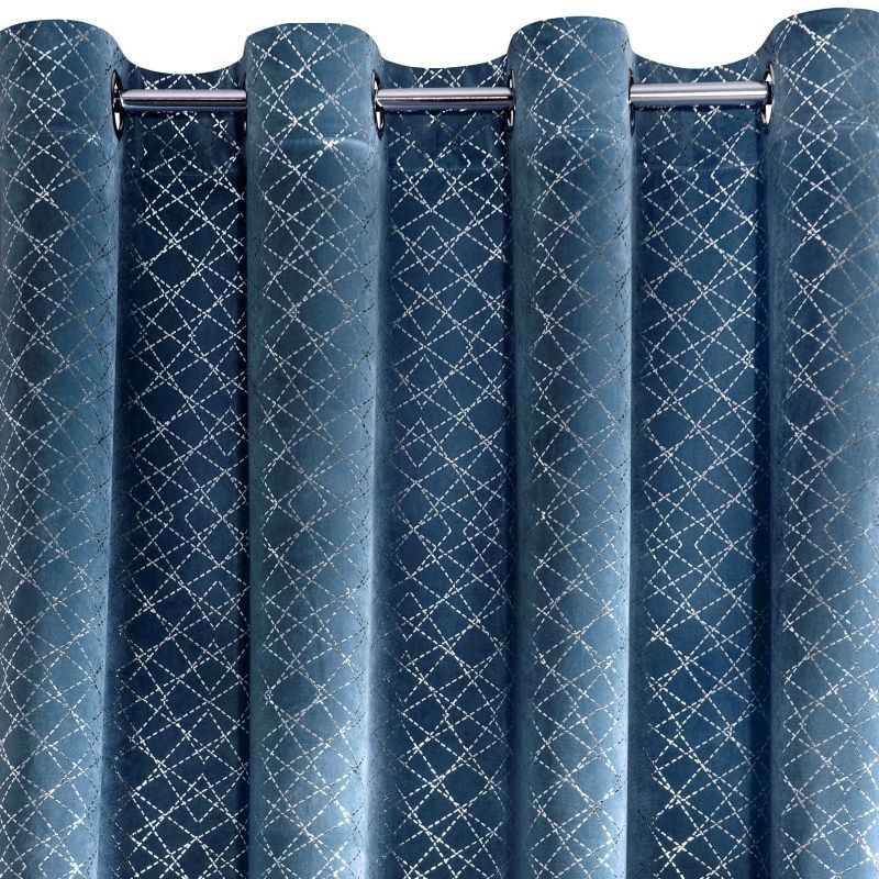 Prekrasna plava baršunasta zavjesa sa srebrnim geometrijskim uzorkom 140 x 250 cm