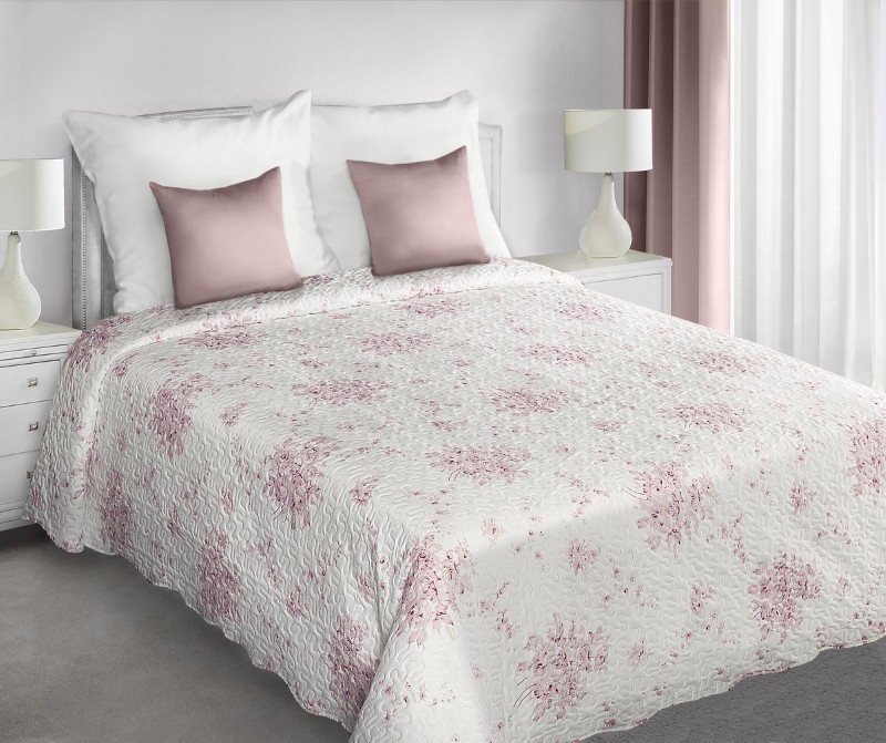 Cuvertură de pat albă cu două fețe cu un model de flori roz