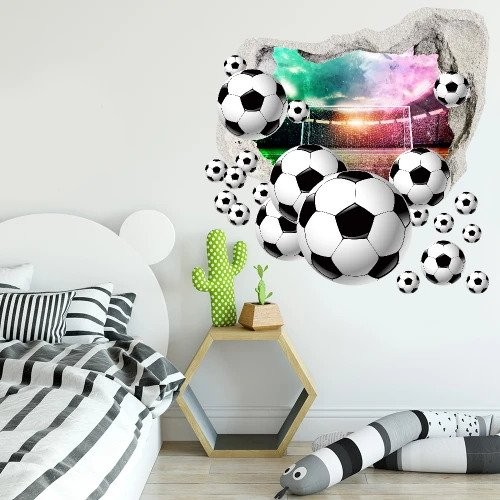 Autocolant de perete mingi de fotbal 3D cu fundal de stadion - Mărimea: 100 x 100 cm