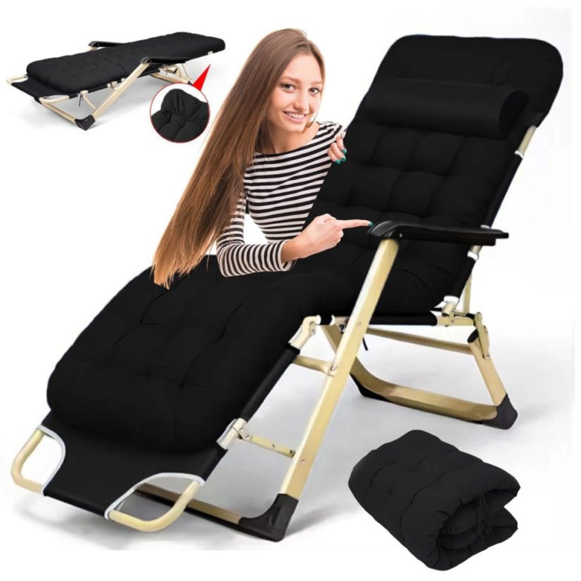 Gartenliegestuhl in goldener Farbe mit schwarzer Tasche