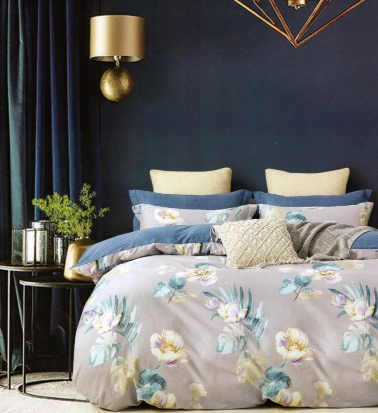 Lenjerie de pat din bumbac gri albastru cu flori