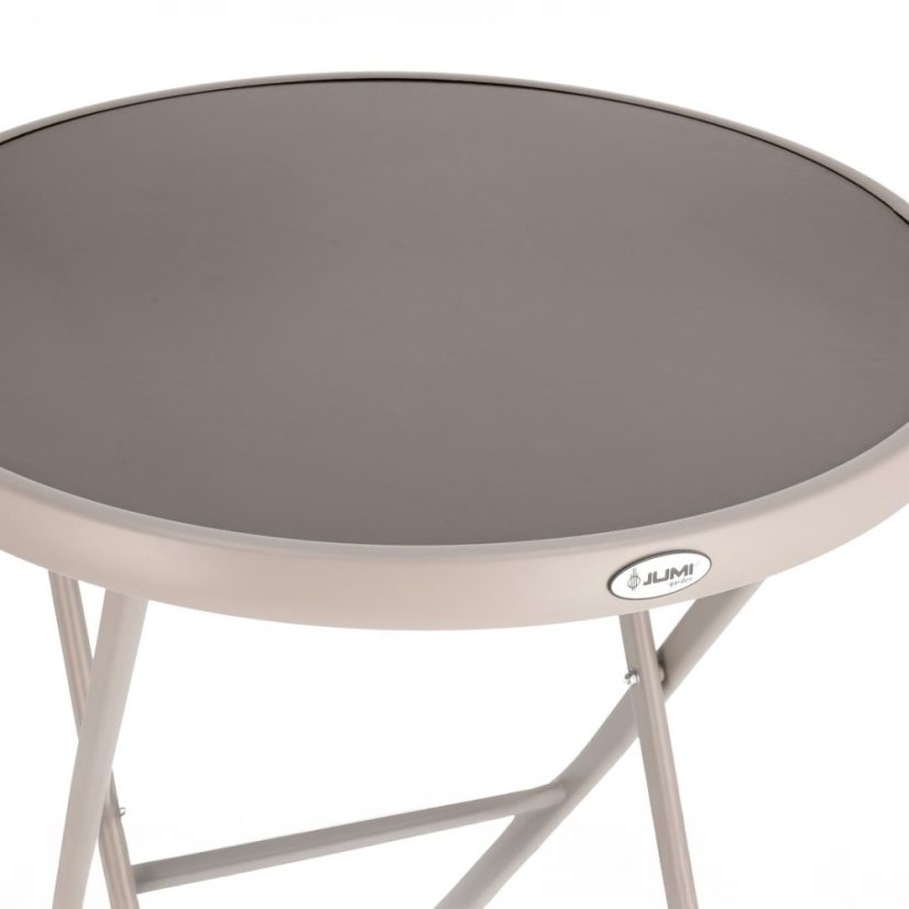 Masă pliabilă din metal, de culoare bej, pentru balcoane și terase, 60 cm, cu blat din sticlă