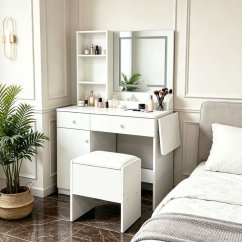 Luxus fésülködőasztal LED-es tükörrel és zsámollyal – 2 fiók, polcok, szekrényke