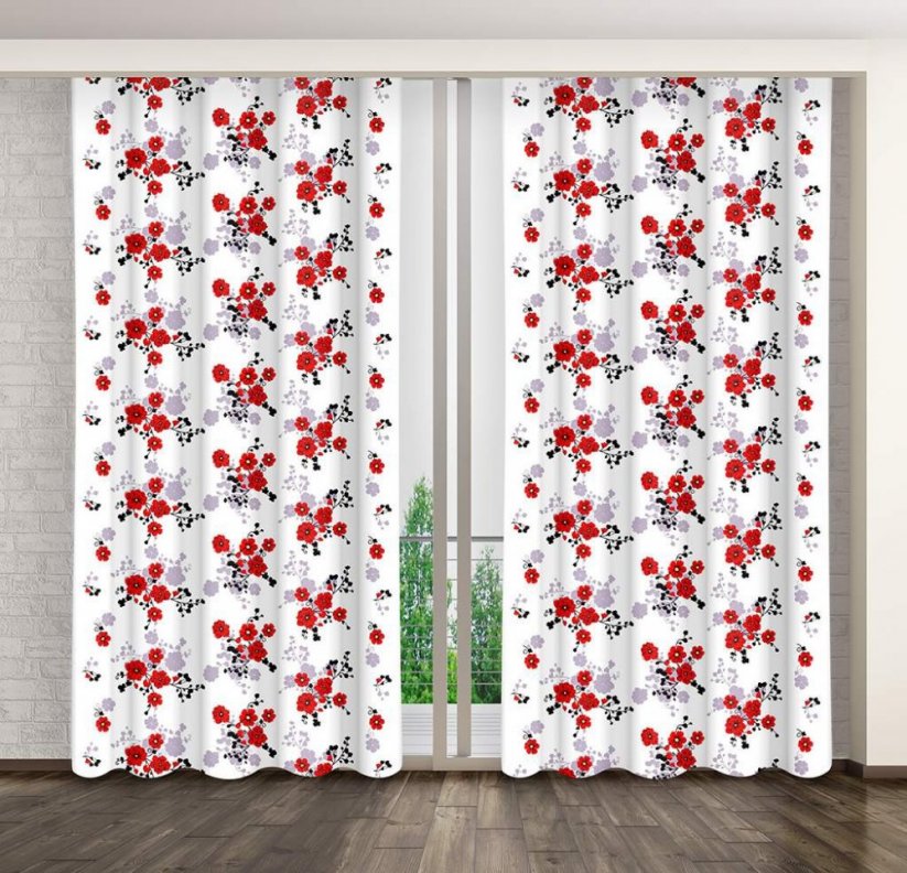 Gyönyörű fehér függöny gyűrődő szalagon, piros virágok motívumával