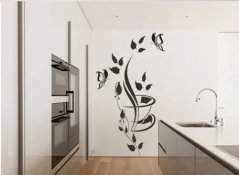 Autocolant de perete pentru bucătărie cu flori, fluture și ceașcă