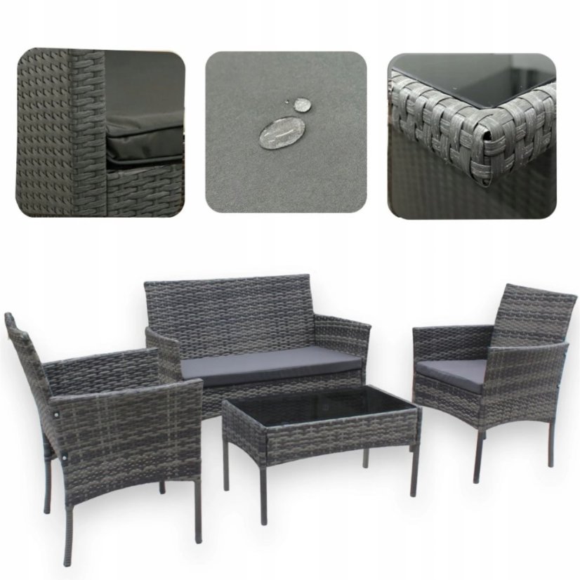 Kerti garnitúra kanapéval, fotelekkel és fekete üvegből készült asztallal