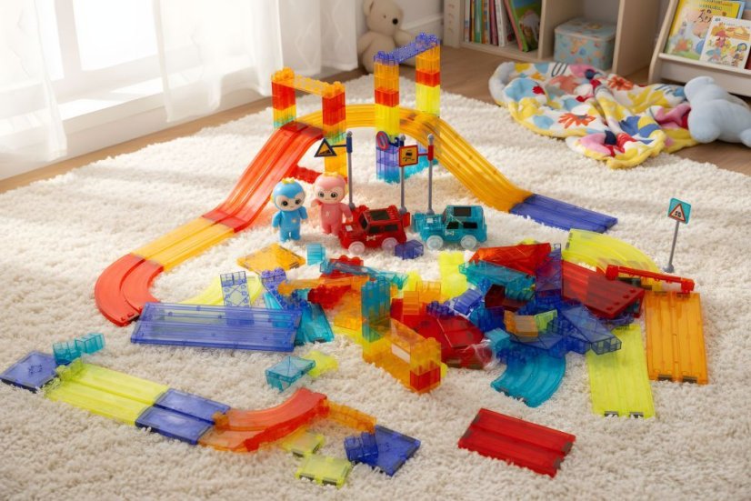 Magnetická stavebnica pre deti – 154-dielna stavebnica s autíčkami a LED podsvietením