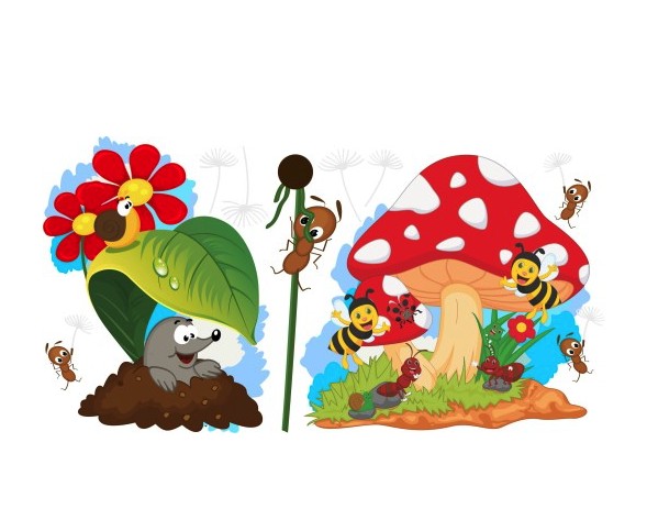 Radostná farebná nálepka na stenu krtko a muchotrávka