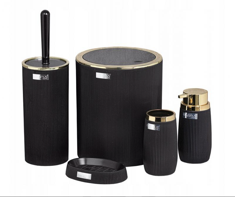 Runder Satz Bad-Accessoires in Schwarz mit goldenen Details