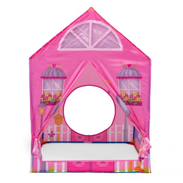 Zelt im Design eines schönen rosa Hauses mit einem Tunnel