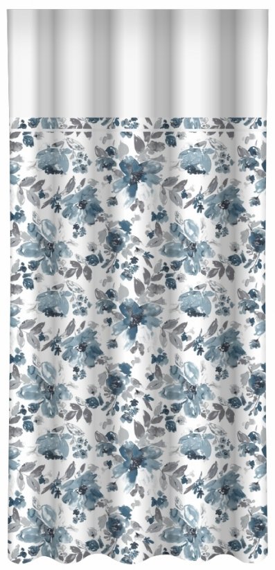 Vorhang mit interessantem blauen Blumenmuster und weißer Bordüre