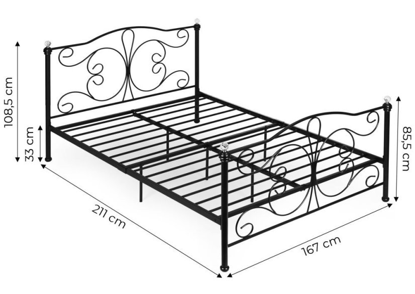 Moderní kovová postel se stabilním rámem a vysokým čelem