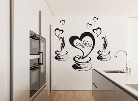 Autocolant de perete pentru bucătărie cu motiv de cafea și inimi