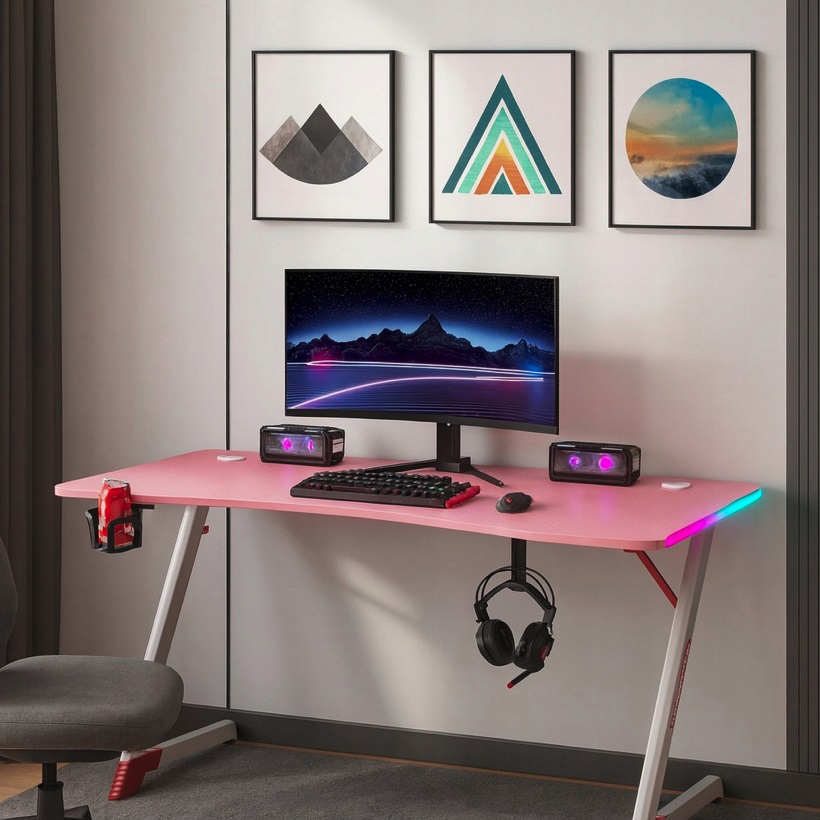 Ružový herný PC stôl s RGB LED osvetlením