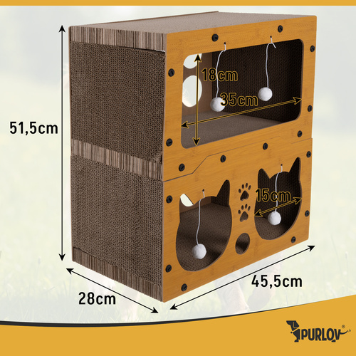 Kétszintes macskakaparó házzal, elegáns fa dekorációban