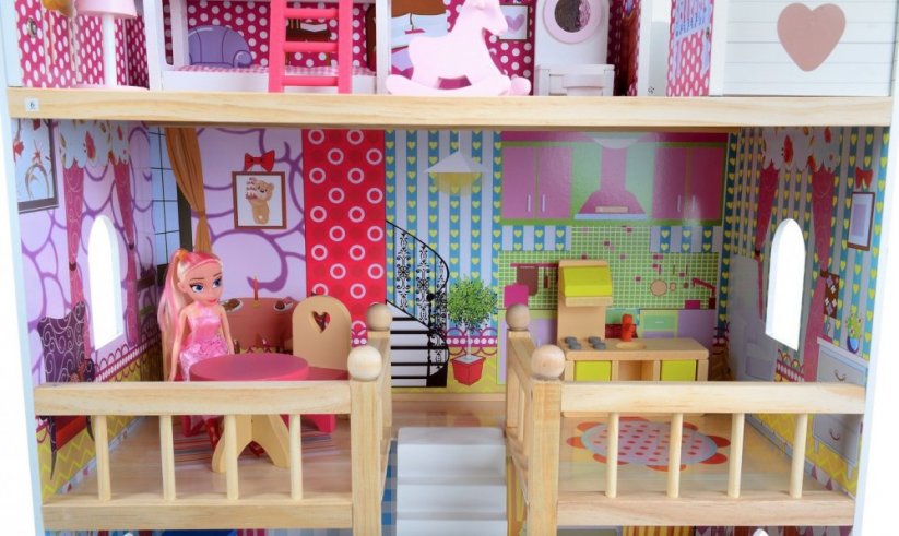 Красива дървена къща за кукли с RGB LED осветление + 2 кукли