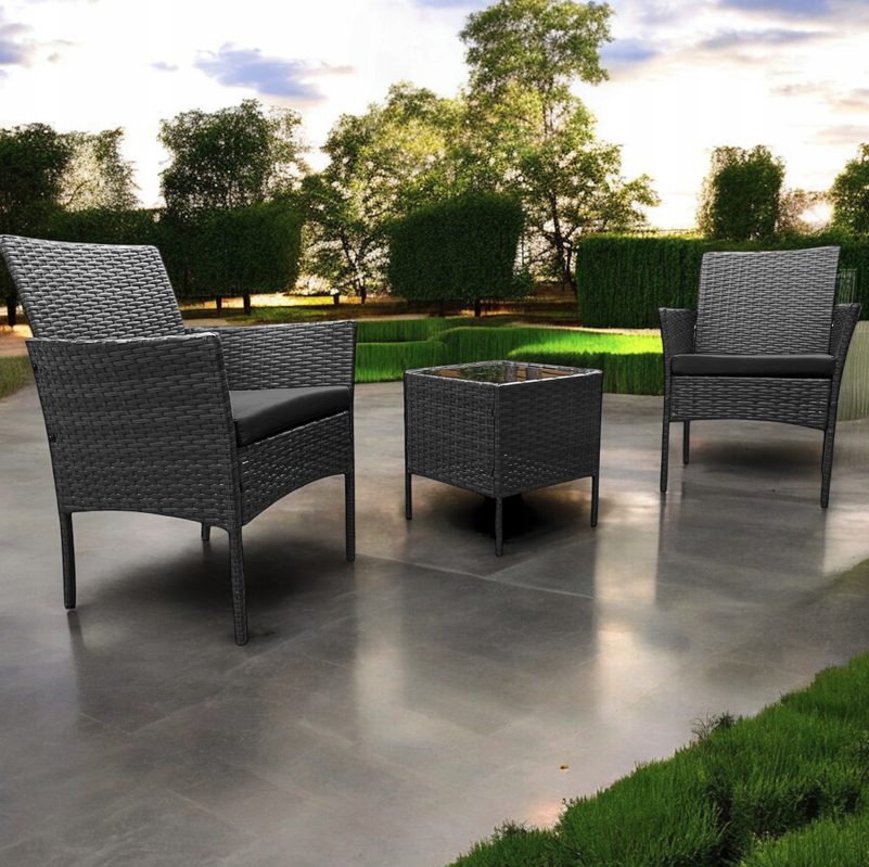 Set in rattan con tavolo e 2 poltrone - grigio + cuscini antracite