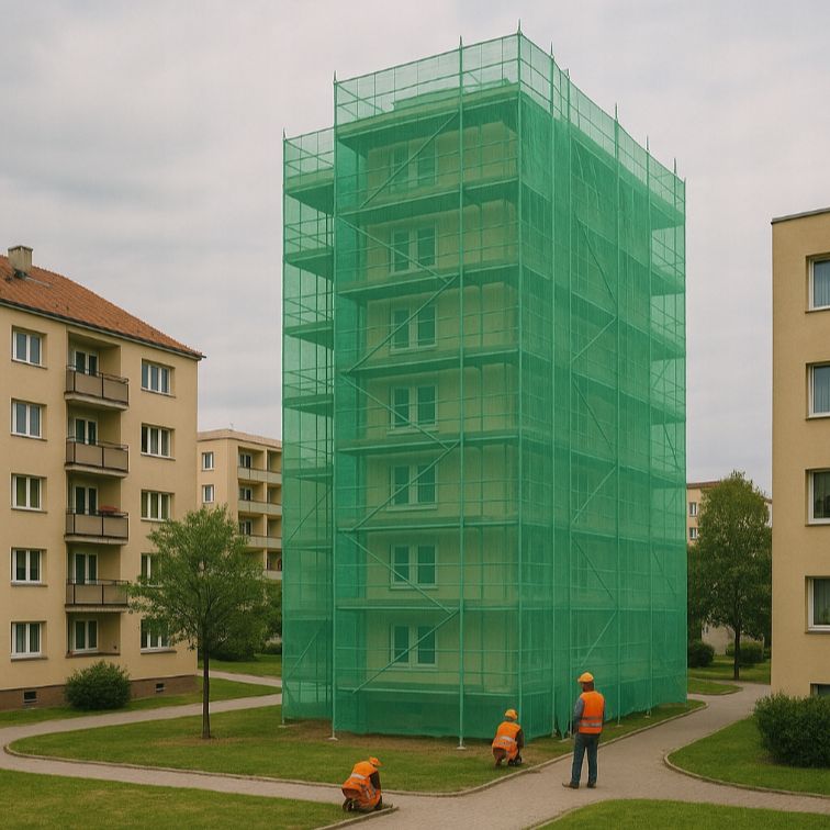 Zöld HDPE állványháló – szélálló homlokzati védőháló rögzítő szemekkel