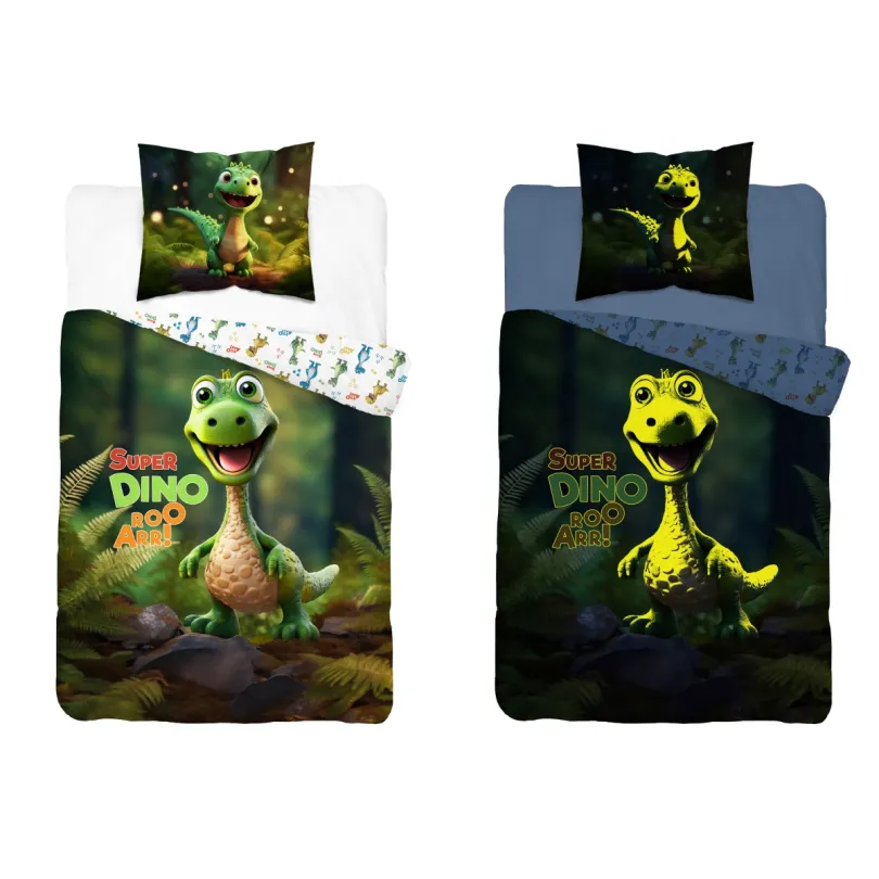 Bavlnené posteľné obliečky svietiace v tme - motív dinosaura
