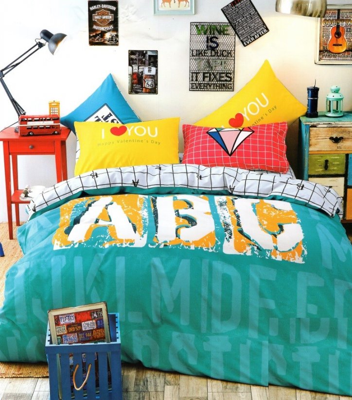Tyrkysové detské obliečky na posteľ so vzorom písmen 160x200