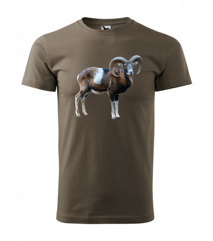 Bavlnené pánske tričko s potlačou muflóna - Farba: Army, Veľkosť: M
