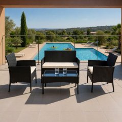 Mobilier de grădină din ratan negru - set elegant cu bancă, fotolii și masă
