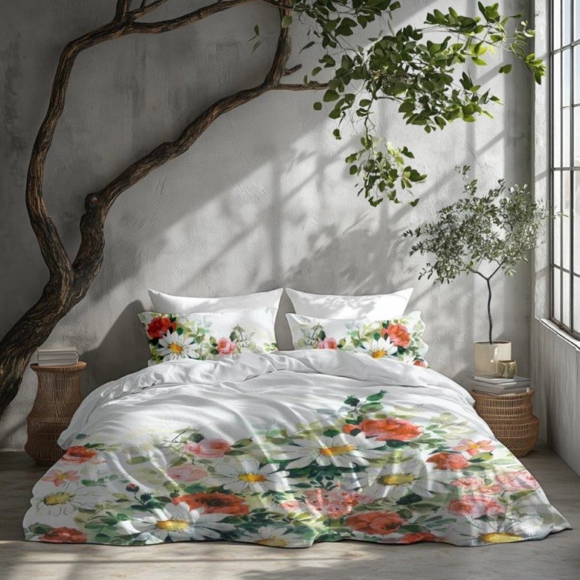 Obliečky s bavlneného saténu - margarétky a ruže na bielom podklade