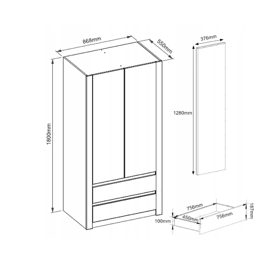 Modern kétajtós gardróbszekrény MODERN B20 180 x 90 x 55 cm - különböző színváltozatokban.