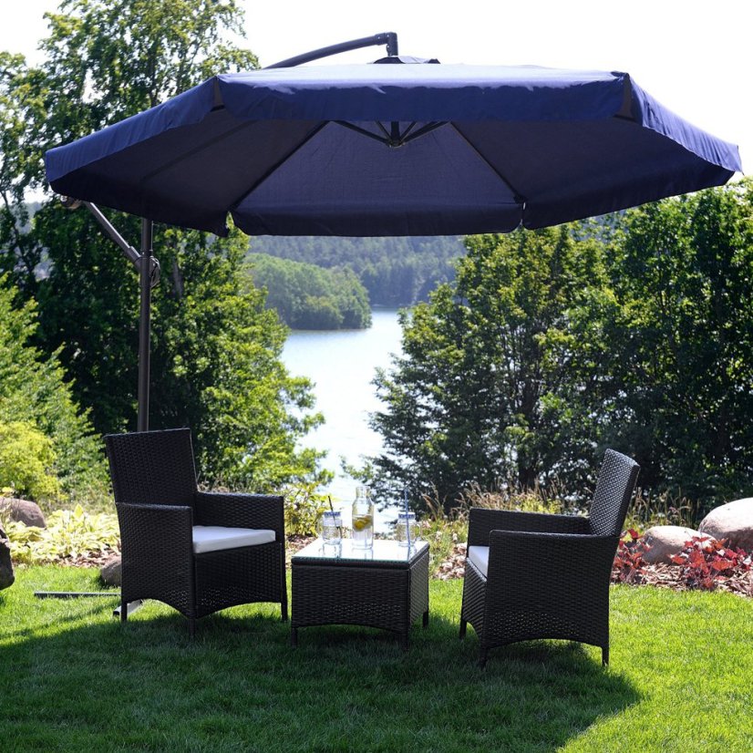 Modrý záhradný slnečník so stojanom