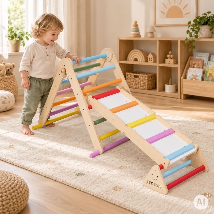 LUNA otroški leseni igralni komplet » MONTESSORI « z nastavljivo lestvijo in dvostransko plezalno ploščo 2 v 1
