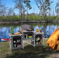 Bucătărie mare de camping pliabilă cu 3 compartimente 175 x 47 cm - gri