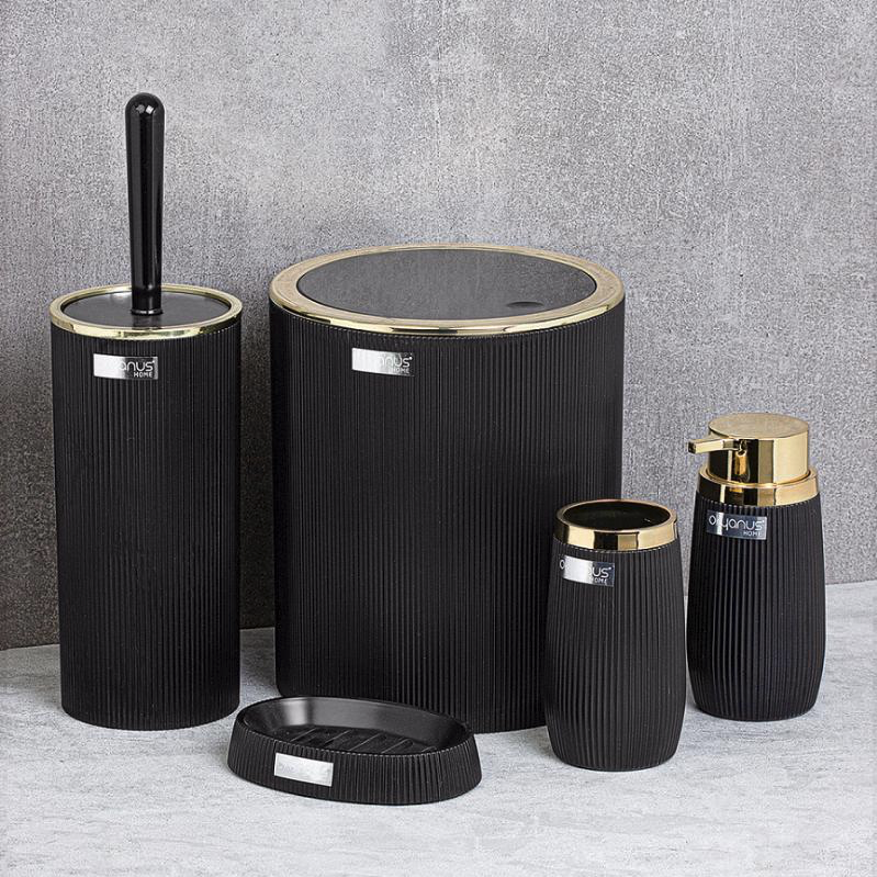Runder Satz Bad-Accessoires in Schwarz mit goldenen Details