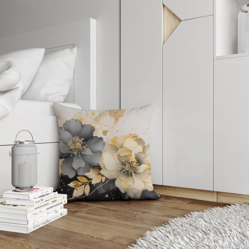 Elegantná obliečka na vankúš s kvetinovým vzorom v sivých odtieňoch