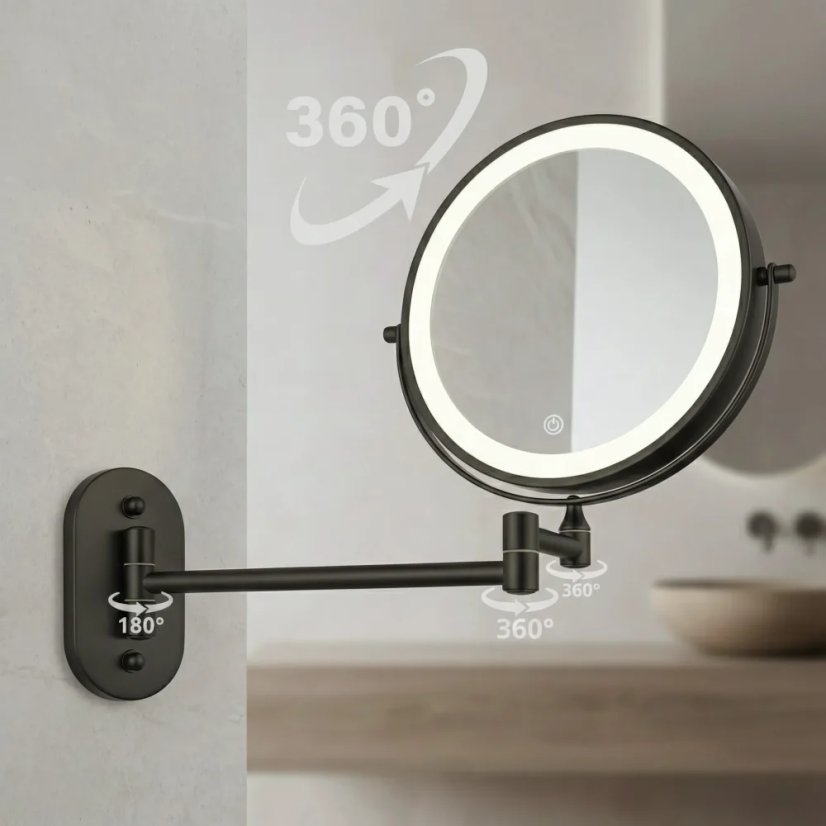 Oglindă de machiaj cu LED-uri, montată pe perete, cu braț extensibil