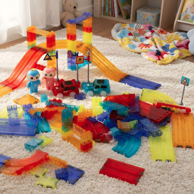 Magnetischer Baukasten für Kinder - 154-teiliger Baukasten mit Autos und LED-Hintergrundbeleuchtung