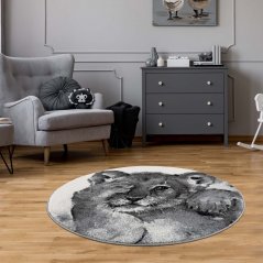 Elegante tappeto grigio rotondo con un adorabile leone