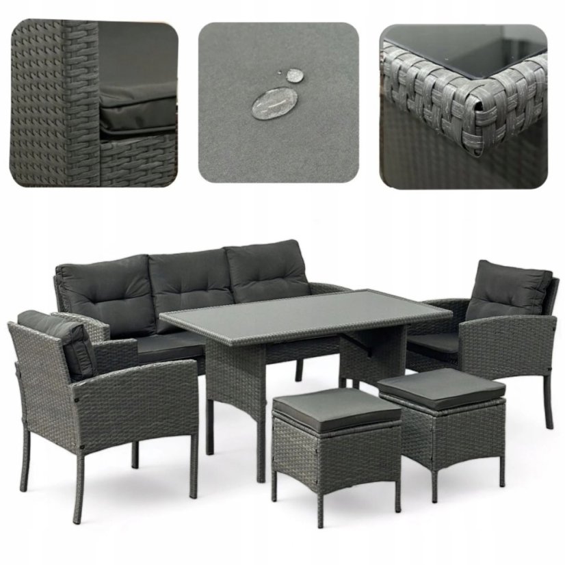 Sivá ratanová súprava - pohovka - kreslá a taburetky